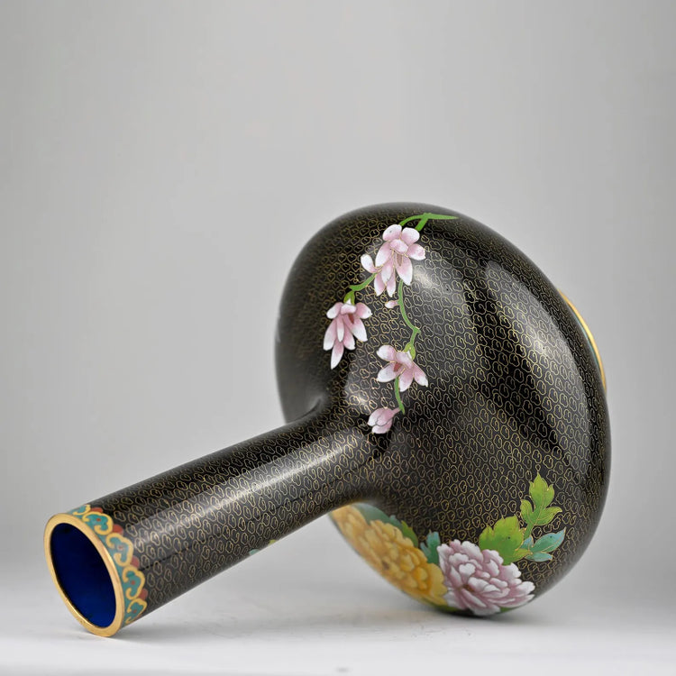 Cloisonné Bottle Vase, Floral, Black Enamel, Brass, Vintage, Chinese