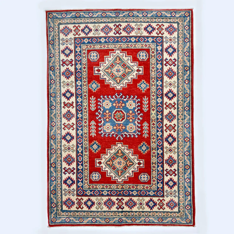 Hand-Knotted Red Kazak Wool Tribal Oriental Rug | 100% All-Wool Authentic Area Rug | Vintage-Style Geometric Pattern | 5'1 x 3'4
