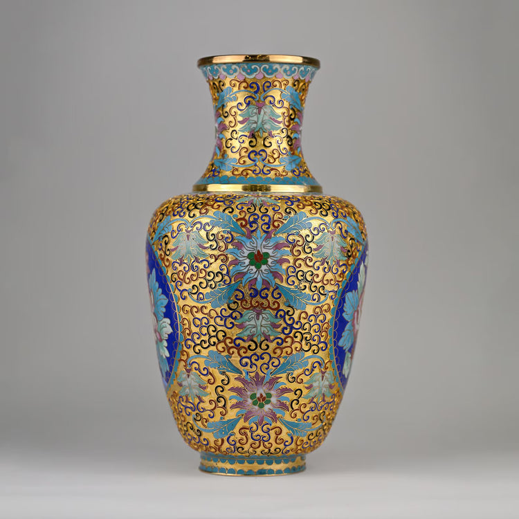 Cloisonné Vase | Handcrafted Blue & Turquoise Enamel Vase | Gold Gilded Floral Motif | 15” Statement Home Accent Vase | One-of-a-Kind Decor