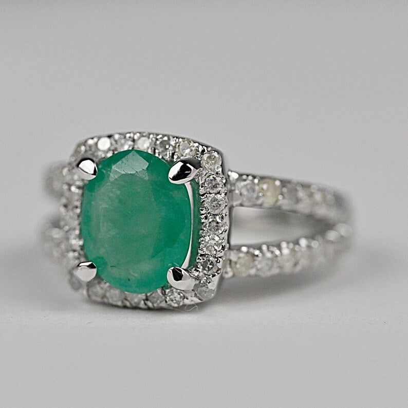 14k White Gold Oval Emerald Ring – 2.09ct Emerald with 1.26ct Diamond Halo